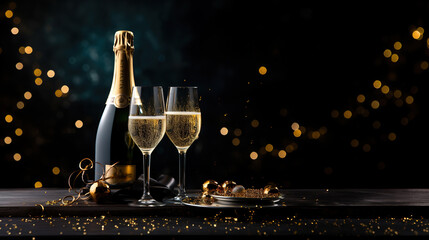 Luxury celebration birthday new year's eve Sylvester or other holidays background banner greeting card - Toast with sparkling wine or champagne glasses and bottle on dark black night background