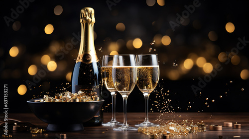 Luxury celebration birthday new year's eve Sylvester or other holidays background banner greeting card - Toast with sparkling wine or champagne glasses and bottle on dark black night background photo