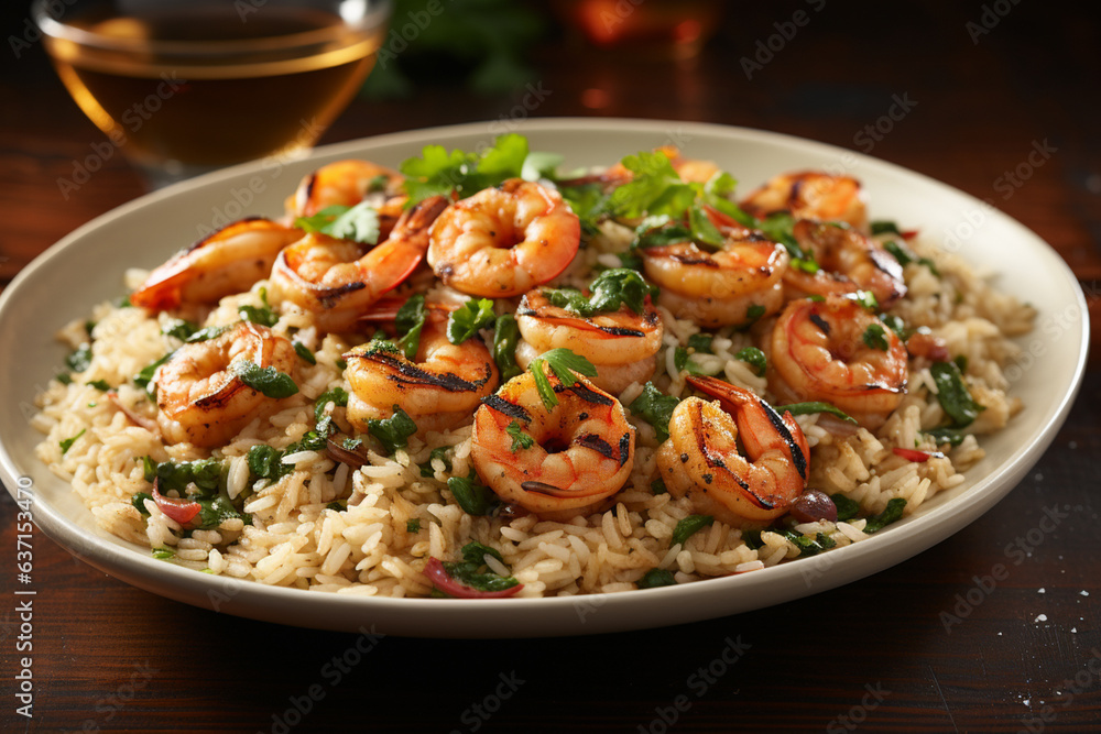 rice with shrimp. Delicious risotto with prawns and herbs on wooden table. Generative Ai