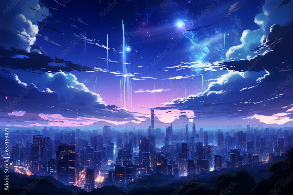 Fototapeta premium panorama of the city. Futuristic city in the night with lightning, 3d render. Generative AI