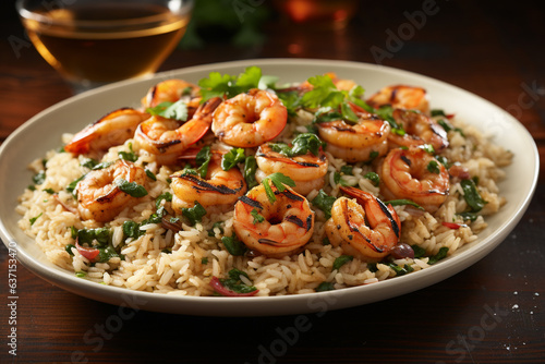 rice with shrimp. Delicious risotto with prawns and herbs on wooden table. Generative Ai