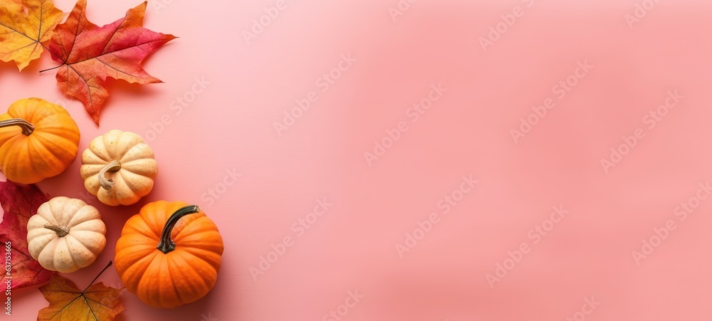 Vibrant autumn pumpkins and leaves on a pink background, perfect for fall celebrations and seasonal themes Vibrant autumn pumpkins and leaves on a pink background, perfect for fall celebrations and seasonal themes
