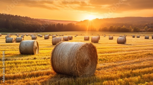 Sunset over a golden field dotted with hay bales, casting a warm light on the rural landscape, embodying the essence of harvest time photo
