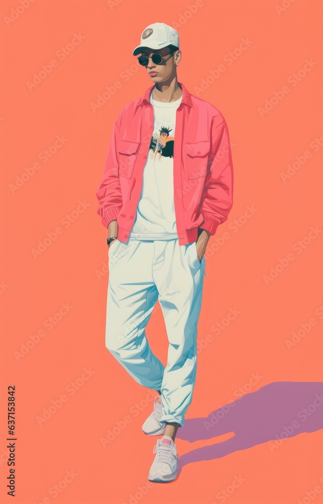 Normcore guy — in retro vintage Risograph style print. HD image in screenprint texture cutout detail — Pink, yellow, cyan