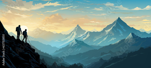 Climb climbers adventure hobby illustration for logo - Black silhouette of a climber woman and man on a cliff rock with blue misty fog mountains landscape in the morning as a background