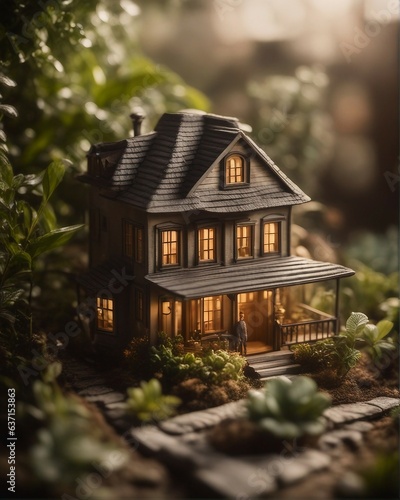 Miniature house with plants in the potted area, hyper realism, dramatic ambient lighting, high detai 