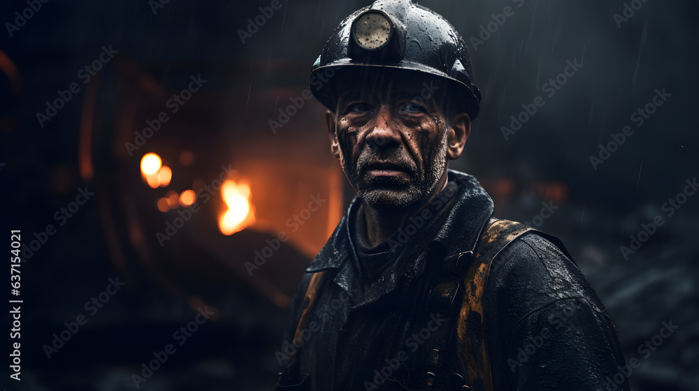 Portrait of Engineer dressed in a dirty boiler suit and mining hat and working hard on the mining coal, dirt smears, cinematic.Generative AI