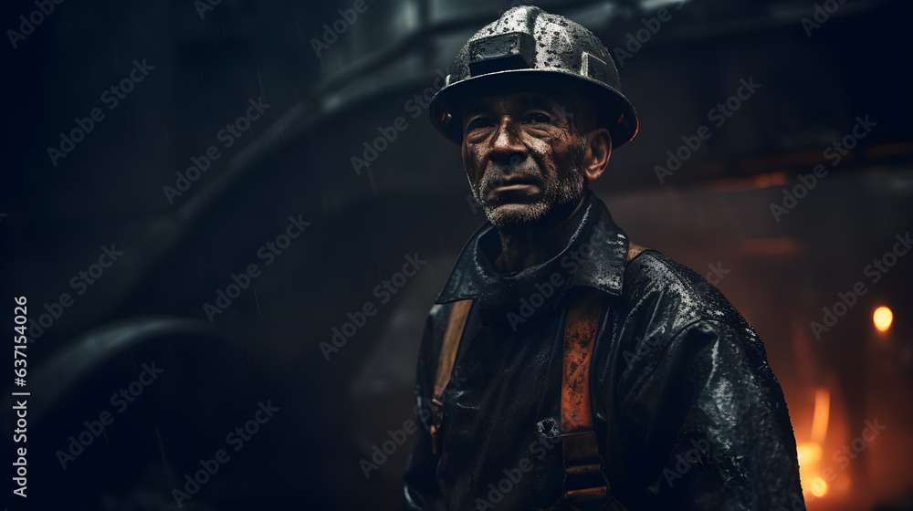 Portrait of Engineer dressed in a dirty boiler suit and mining hat and working hard on the mining coal, dirt smears, cinematic.Generative AI - obrazy, fototapety, plakaty 