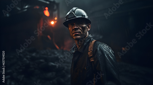 Portrait of Engineer dressed in a dirty boiler suit and mining hat and working hard on the mining coal, dirt smears, cinematic.Generative AI © Nawarit