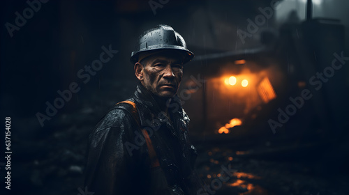 Portrait of Engineer dressed in a dirty boiler suit and mining hat and working hard on the mining coal, dirt smears, cinematic.Generative AI © Nawarit