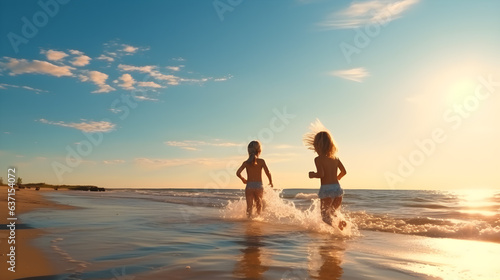 Two children in swimsuits are playing on the beach, with small waves and beautiful blue sky. The sunlight in the evening, Generative AI © Nawarit