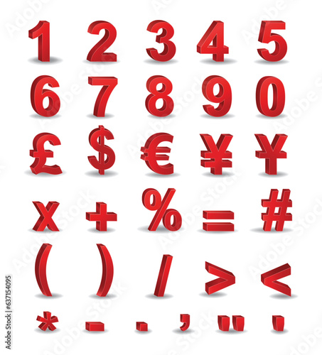 Red color numbers, main currency and symbols 3D illustrations set. Price off tag design collection. Vector Illustration 