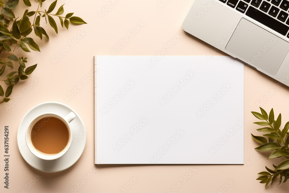 cup of coffee and notebook. Laptop, coffee cup and leafs on beige background. Generative AI cup of coffee and notebook. Laptop, coffee cup and leafs on beige background. Generative AI