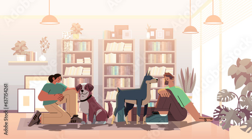 people pet owners playing with cute dogs best friends domestic animal caring for four-footed friend concept