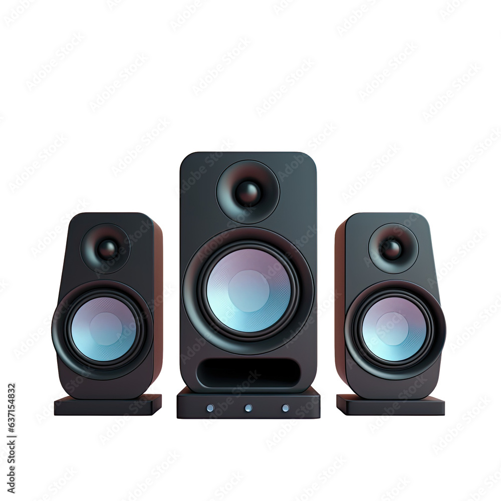Three black speakers in a row isolated on transparent background Three black speakers in a row isolated on transparent background