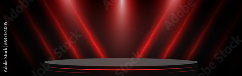 Stage podium decorated with Red neon lighting and Spotlight on Black horizontal background.  Vector illustration.