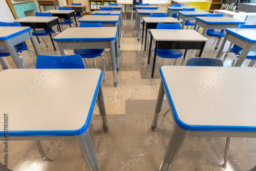 Example of an empty nondescript US High School Classroom with desks.  © Thomas