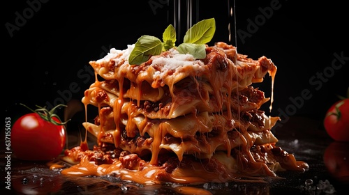 lasagna with melted white cheese on wooden table with black and blurry background