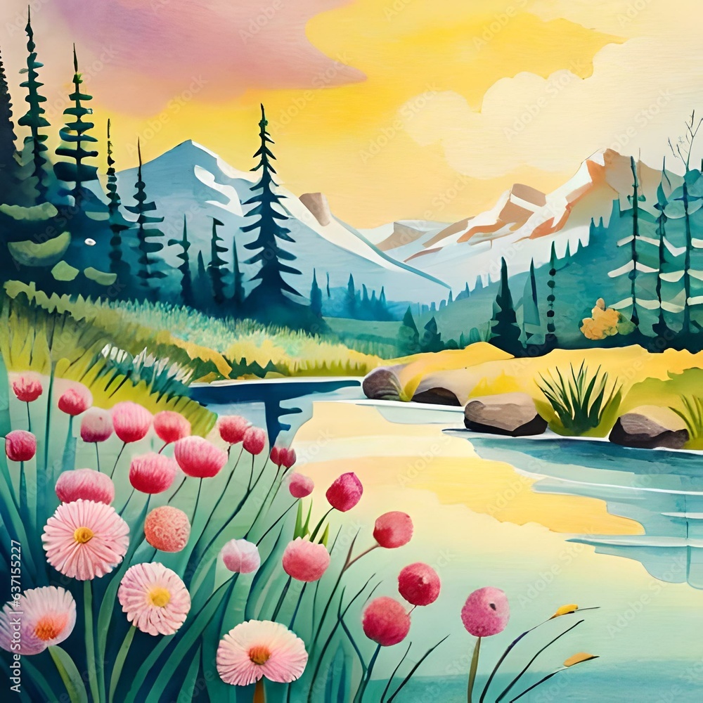 Fototapeta premium The hand-painted watercolor flowers are beautiful works and my own creativity is expressed through delicate lines and colors. 