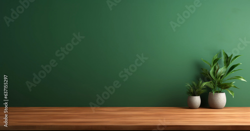 Brown wooden table with potted plants and green wall background. High quality photo