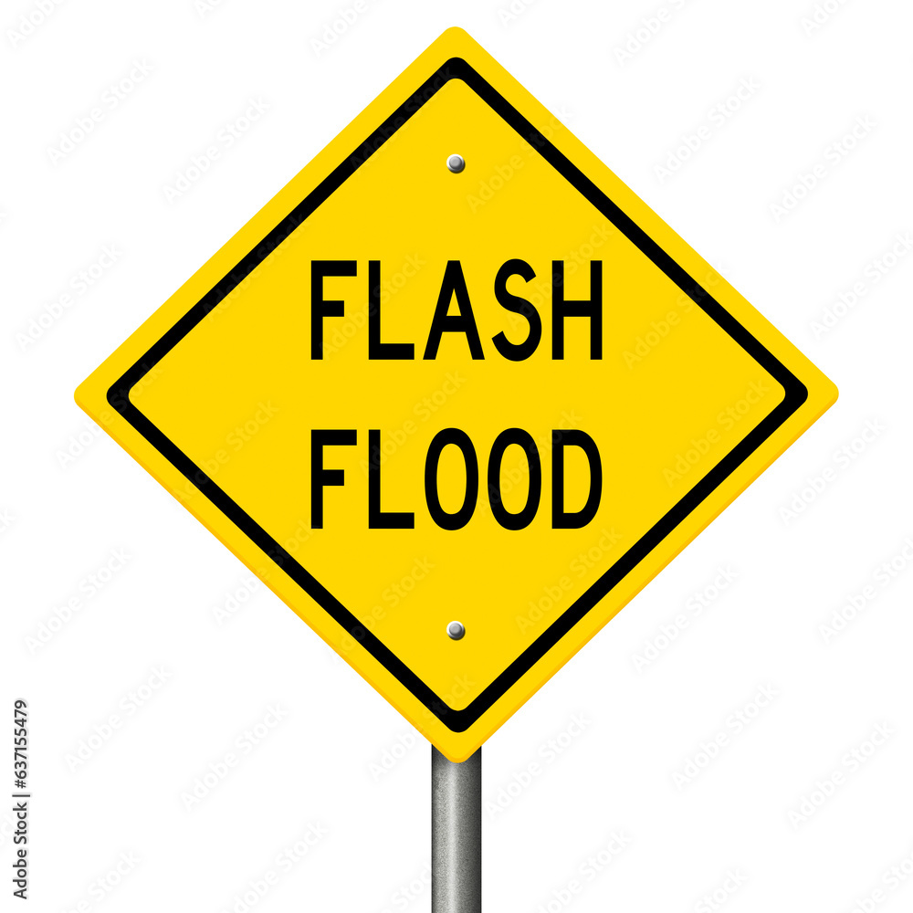 Yellow highway sign warning of flash flood Yellow highway sign warning of flash flood