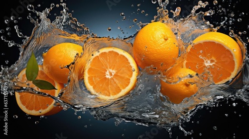 flying fresh orange splashed with water on black background and blur