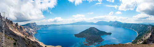 Panoramic view of Crater Lake and Wizard Island in Oregon 