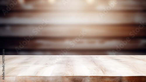 Empty wooden table with light on wooden wall blurred background. High quality photo