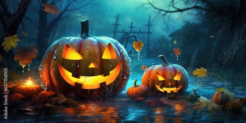 illustration of Halloween pumpkins in the rain, generative AI
