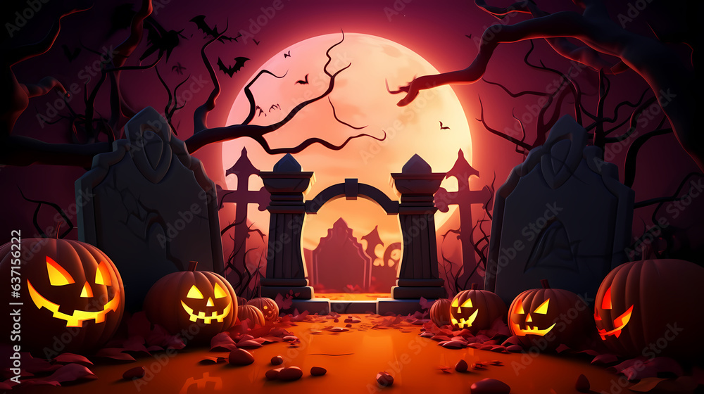 Halloween background with scary pumpkins candles and bats in a dark forest at night, Halloween background with Evil Pumpkin. Spooky, Holiday event halloween banner background concept, way dark forest