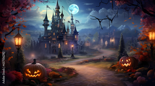Halloween backgroundn with pumpkins castle and bats.Halloween background with Evil Pumpkin. Spooky, Holiday event halloween banner background concept, way dark forest photo
