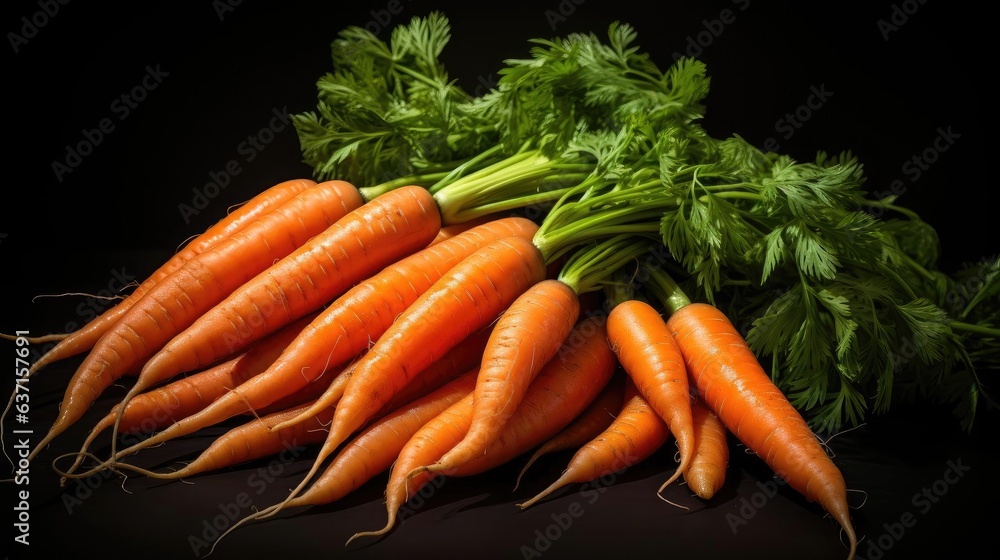 bunch of fresh carrots on a wooden table on a black background bunch of fresh carrots on a wooden table on a black background