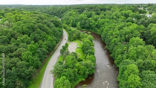 Aerial view of the Penobscot River flowing through Bangor, Maine's countryside. photo