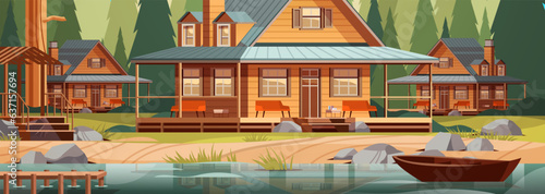 wooden holiday house near lake in forest cottage among trees suburban real estate concept horizontal
