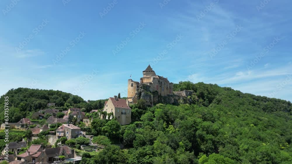 Ascending drone,aerial Castelnaud Dordogne France Ascending drone,aerial Castelnaud Dordogne France