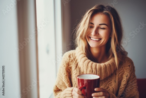 Happy young woman enjoying coffee at home Smiling beautiful girl drinking hot tea in winter Excited woman wearing glasses and sweater