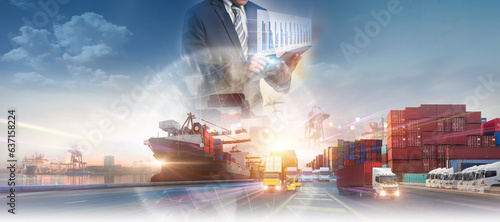 Businessman holding virtual interface panel of global logistics network distribution and transportation, Smart Global Logistics international delivery concept