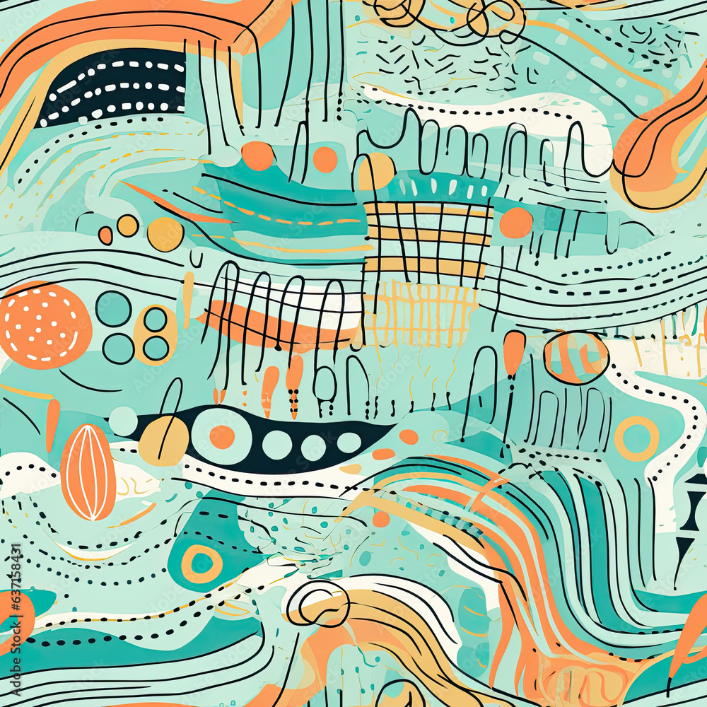 Abstract line art doodle sketch seamless repeating background in teal, black, orange colors