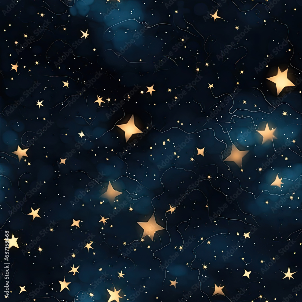 Fototapeta premium Star and bokeh galaxy seamless repeating background. Metallic colors of gold and blue