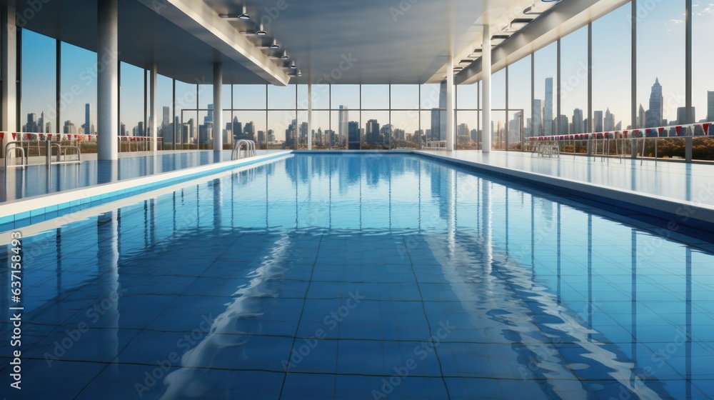 Close-up of the Olympic swimming pool with the cityscape outside the window. 