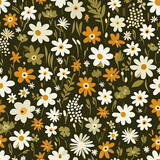 Floral background, 1970s colors of mustard yellow, white and green. 