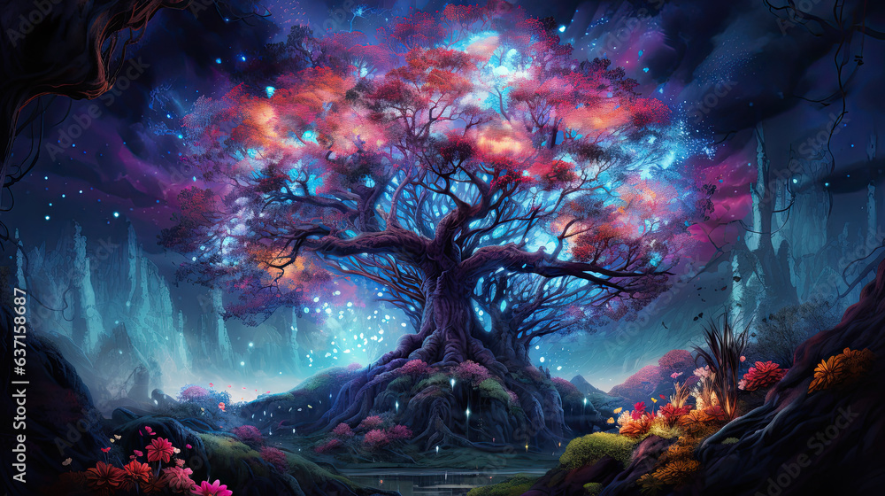 Fototapeta premium Colorful glowing tree in a magical forest full of bright colors with stars overhead, nighttime, fantasy artwork, illustration