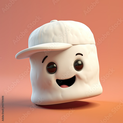 Cute smiling kawaii marshmallow wearing a white baseball hat