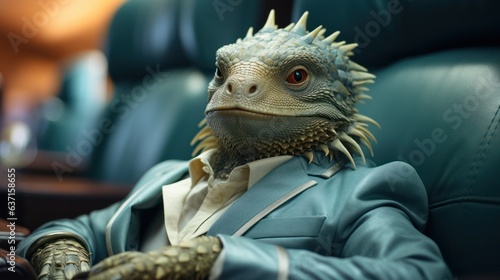 a green dragon sits in an airplane seat by the window in a suit. 