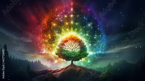 Colorful glowing tree on top of a hill, starry sky and constellation, nighttime, fantasy artwork, meditation visual, illustration