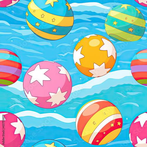 Colorful beach balls in water of a swimming pool. Seamless repeating background