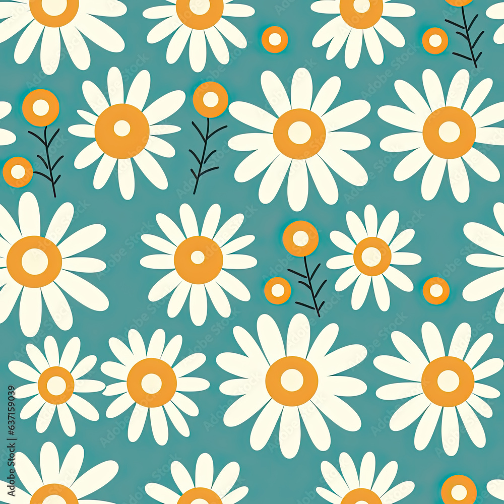 White daisy repeating background. 1960s style. Teal color White daisy repeating background. 1960s style. Teal color