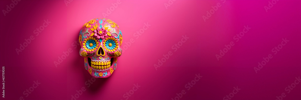 Vibrant Dia de Muertos Skull on Pink Background with Text Space