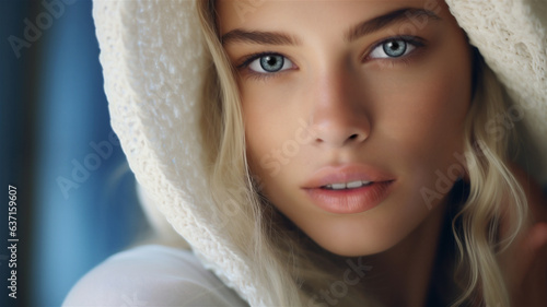 A studio portrait of a closeup of a model with perfect skin wearing a shawl highlighting skin care or cosmetics.