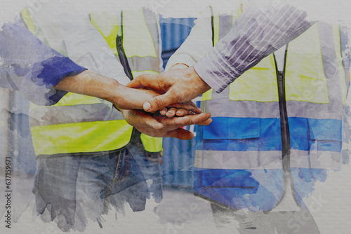 Illustration watercolor paper painting Close up of hands clasped together : Group of civil engineering workers holding hands and coordinating unity teamwork : Civil engineering worker logistics.
